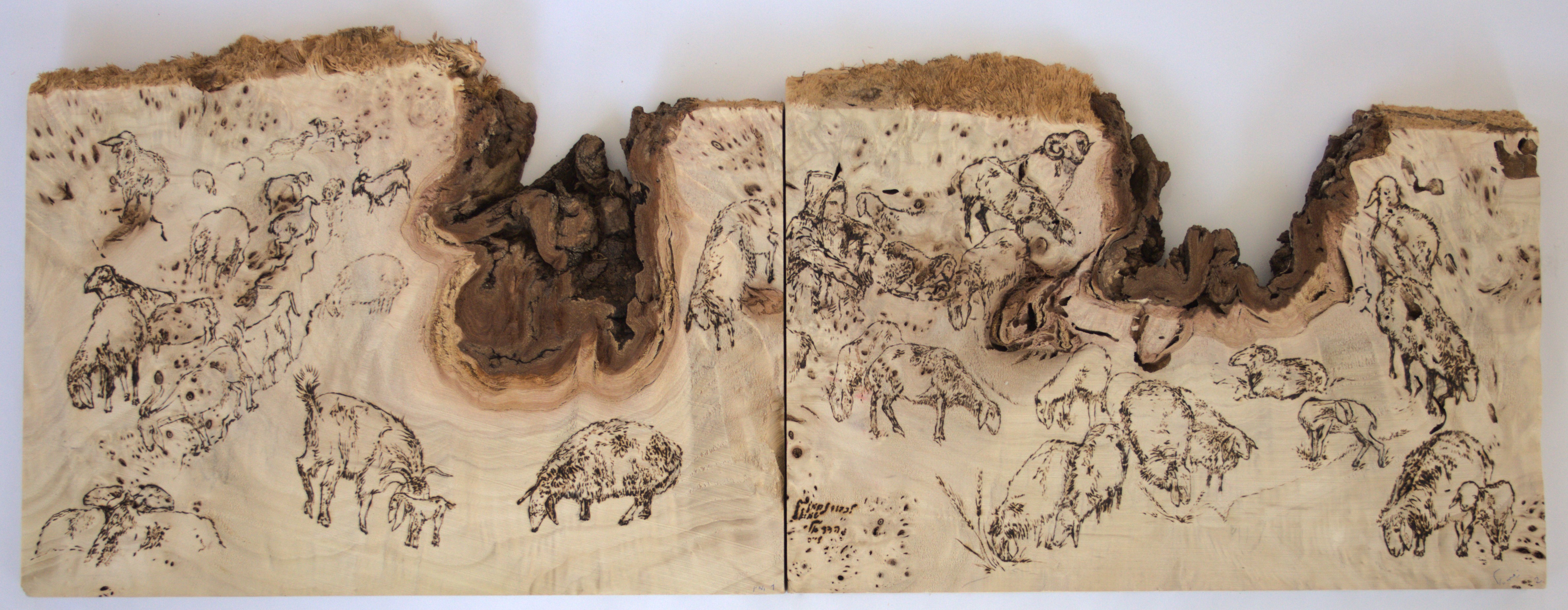 Hadar Eli Weiss, Your Sheep Trust in You, 2023, wood burn engraving on mappa root, 31x84 cm
