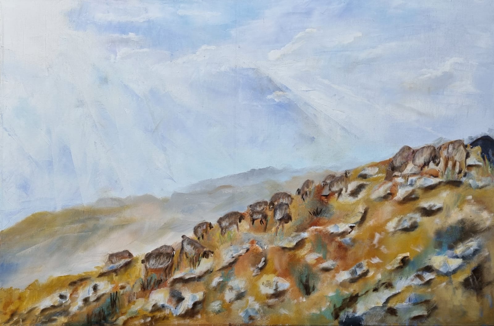 Rut Pasder, Heed the Whispers of the Stones, the Voices Hidden in them are Awakening. They Tell Stories..., 2024, oil on canvas, 60x90 cm