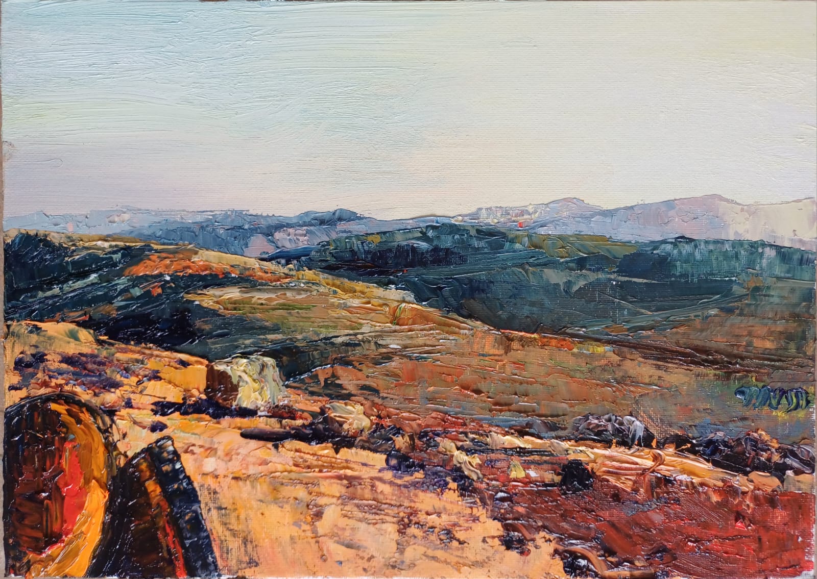 Tamar Rund, Nachman Moradof’s Blundstones, 2024, oil paint on canvas board, 25x35 cm