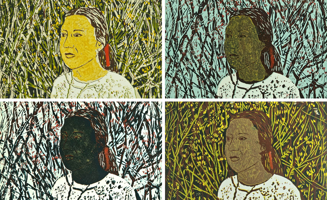 Zohar Morag (Moshav Ohad), Mother Earth, 2025, color linoleum print from one board in varying colors, 20x25 cm each (4 prints)